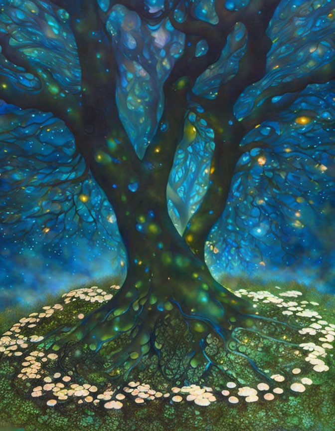 Mystical painting of grand tree with blue leaves and human silhouette trunk in white flower field