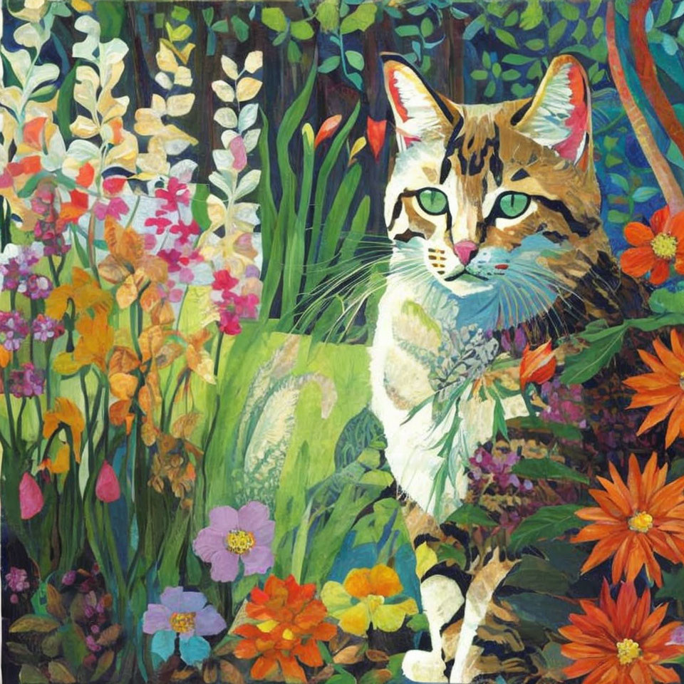 Colorful Cat Painting in Vibrant Garden Setting