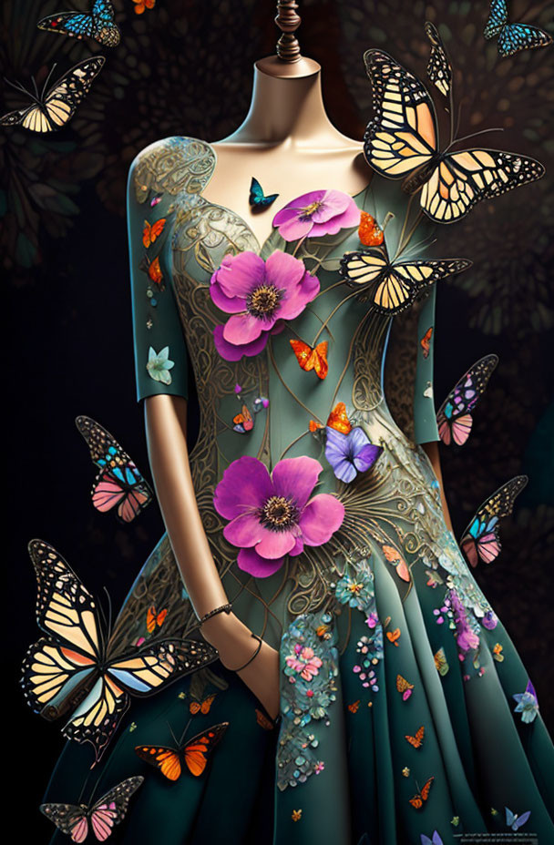 Teal Dress Mannequin with Floral and Butterfly Motifs