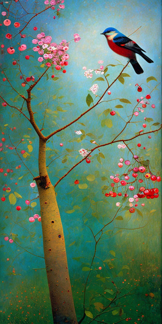 Colorful painting of slender tree with pink blossoms, red berries, and blue bird.