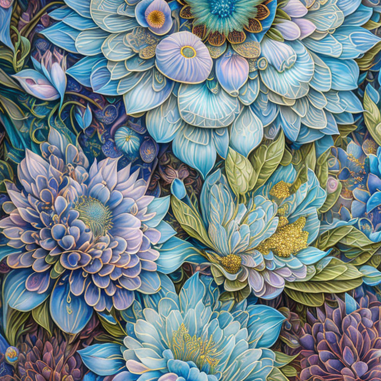 Colorful Floral and Leaf Artwork in Shades of Blue with Gold Accents