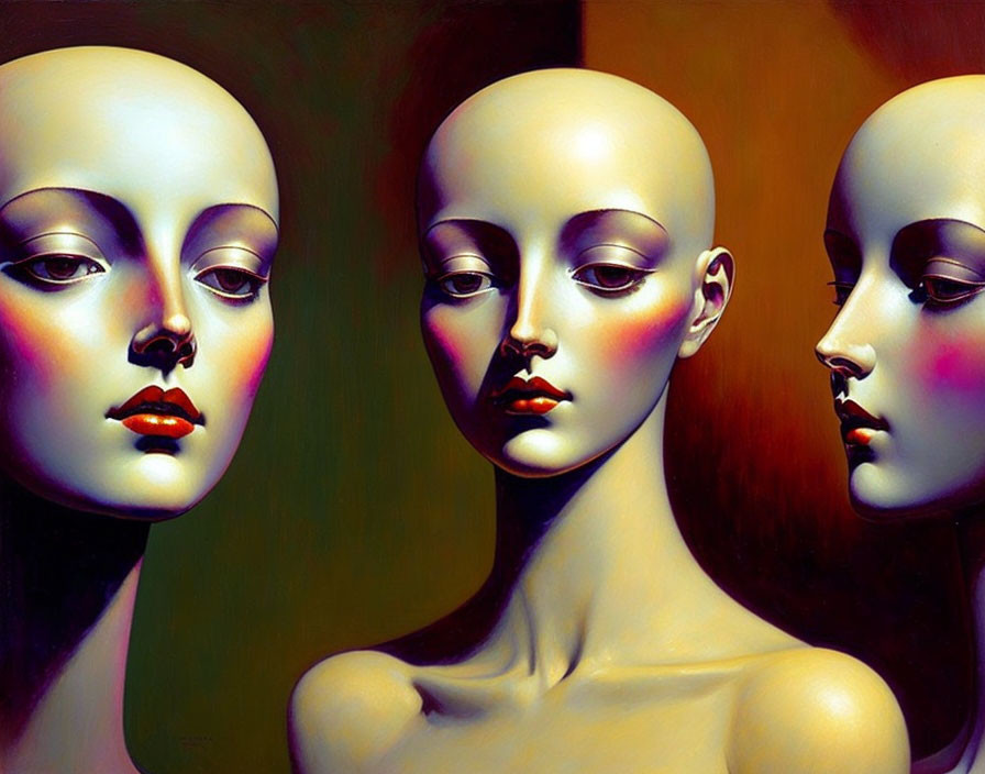 Stylized mannequin heads with glossy skin and red lips on dark background