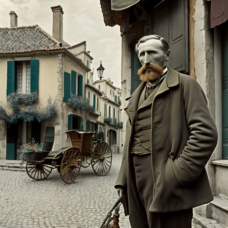 Distinguished mustached man in period clothing on cobblestone street