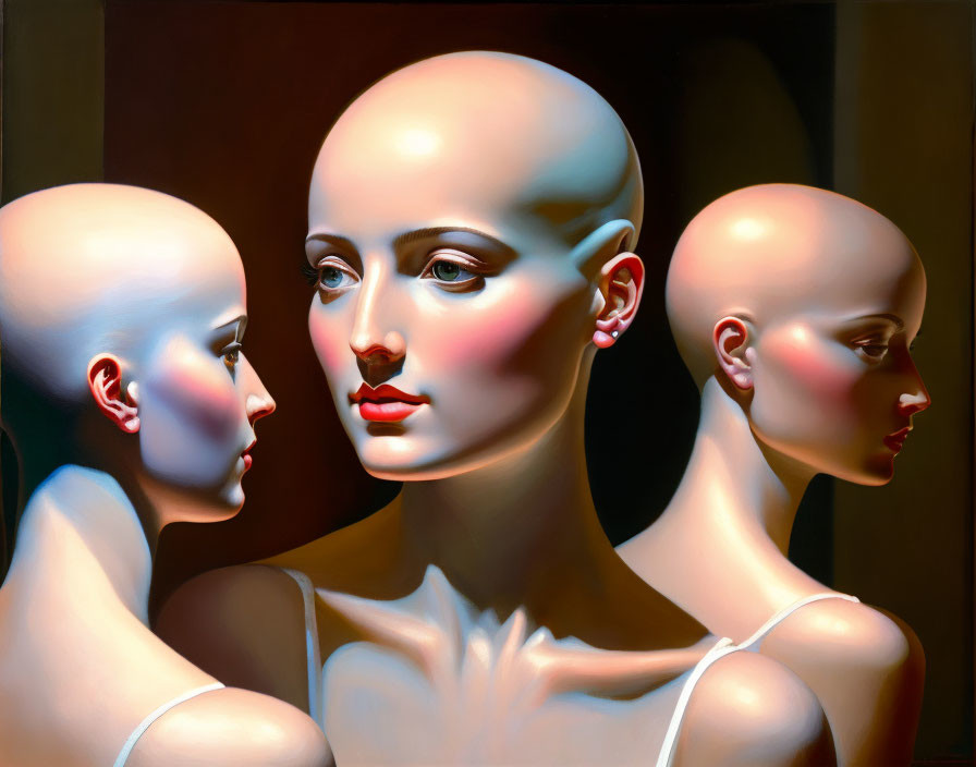 Hyperrealistic Bald Female Mannequin Heads in Profile View with Varied Skin Tones