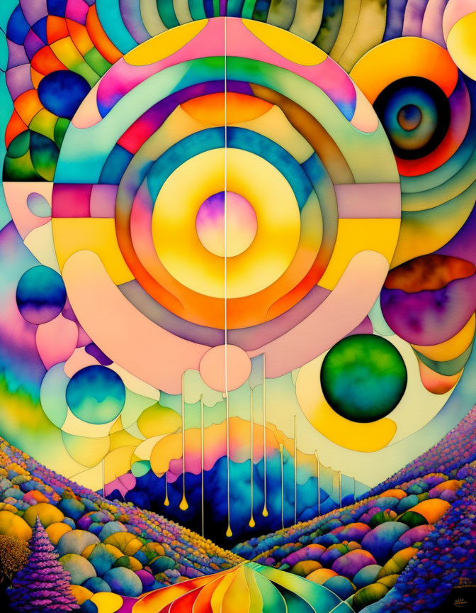 Colorful Abstract Painting with Symmetrical Patterns & Swirling Shapes