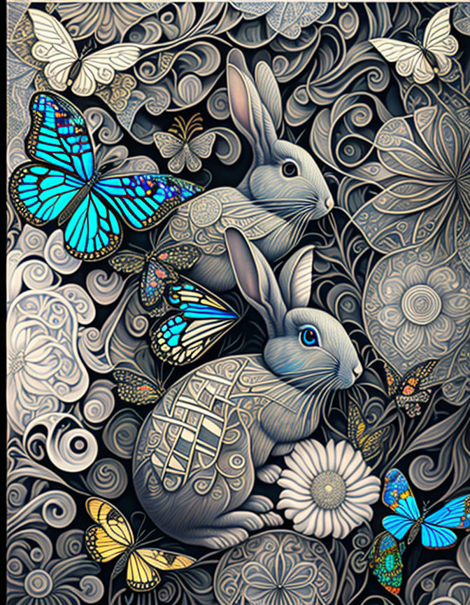 Colorful digital artwork: Blue rabbits, butterflies, and florals in ornate design