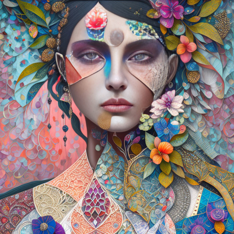 Colorful Floral and Geometric Patterns Surrounding Woman's Face