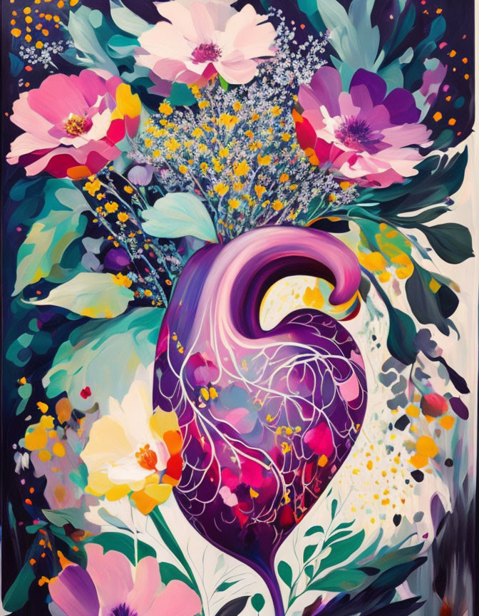 Colorful Heart Painting Surrounded by Flowers and Foliage