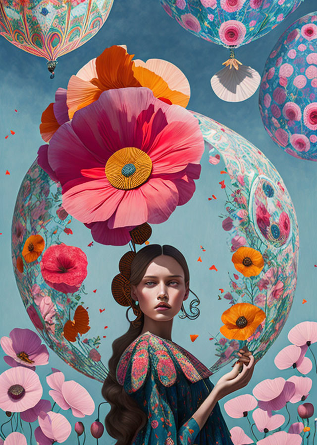 Vibrant surreal portrait of woman with flowers and balloons against blue sky