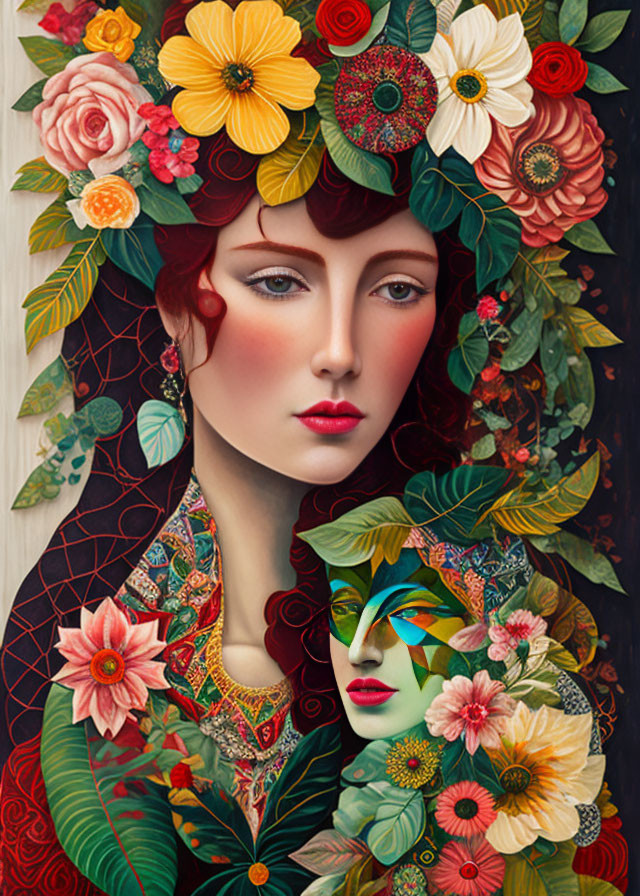 Vibrant floral and geometric mask art featuring two women's faces