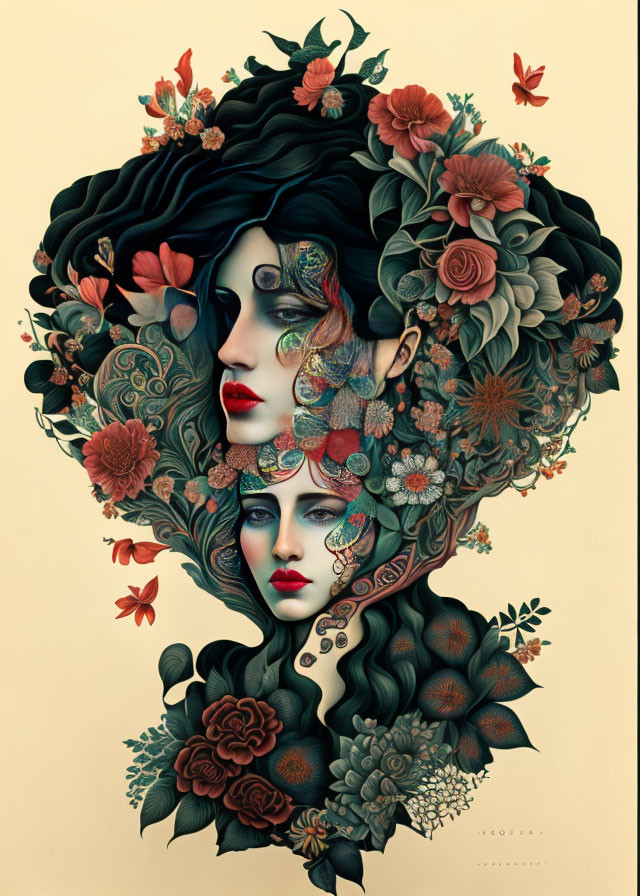 Elaborate Floral Designs Integrated in Woman's Portrait