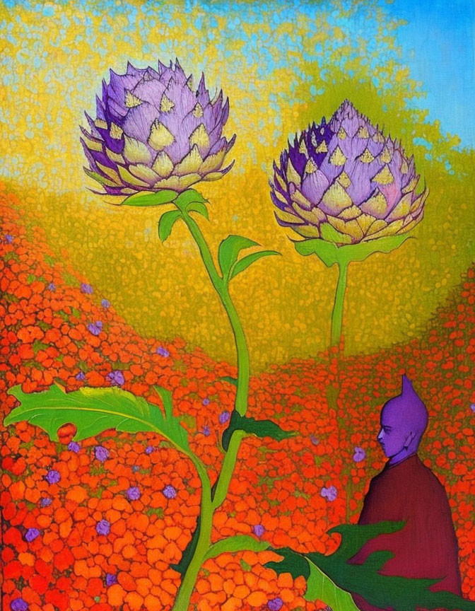 Colorful painting featuring purple artichoke flowers and person with purple skin on vibrant floral background