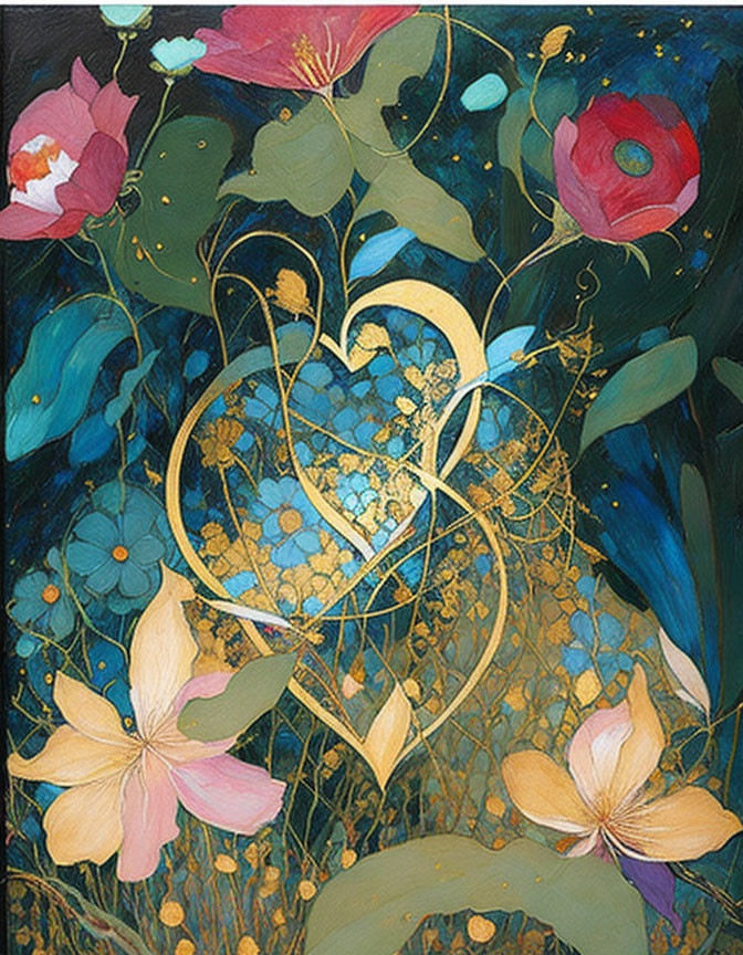 Heart-shaped motif with gold lines amidst colorful flowers and leaves on dark background