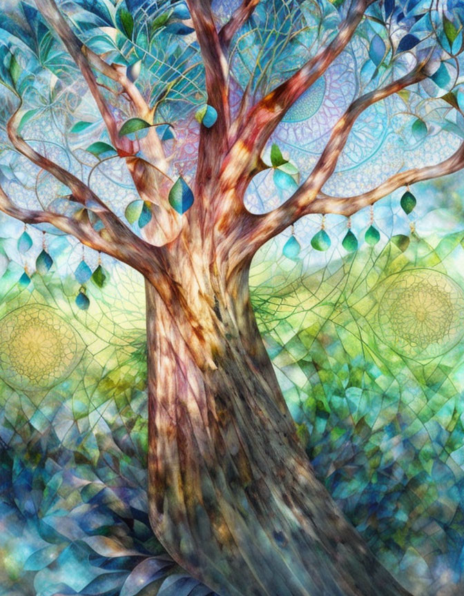 Colorful whimsical tree illustration on textured background