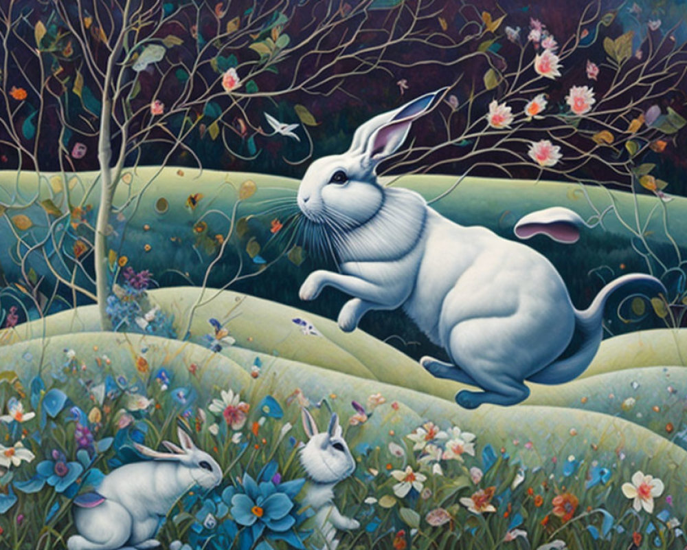 Whimsical white rabbit leaping over green hills with smaller rabbits