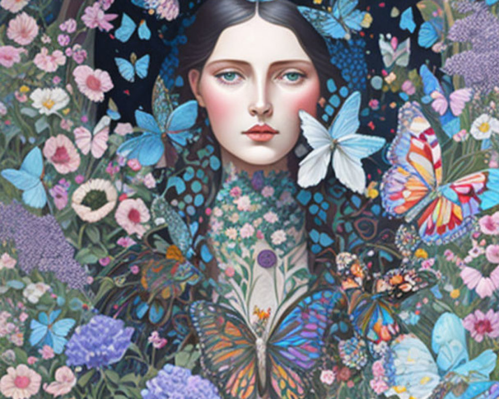 Portrait of Woman Among Flowers and Butterflies in Serene Setting