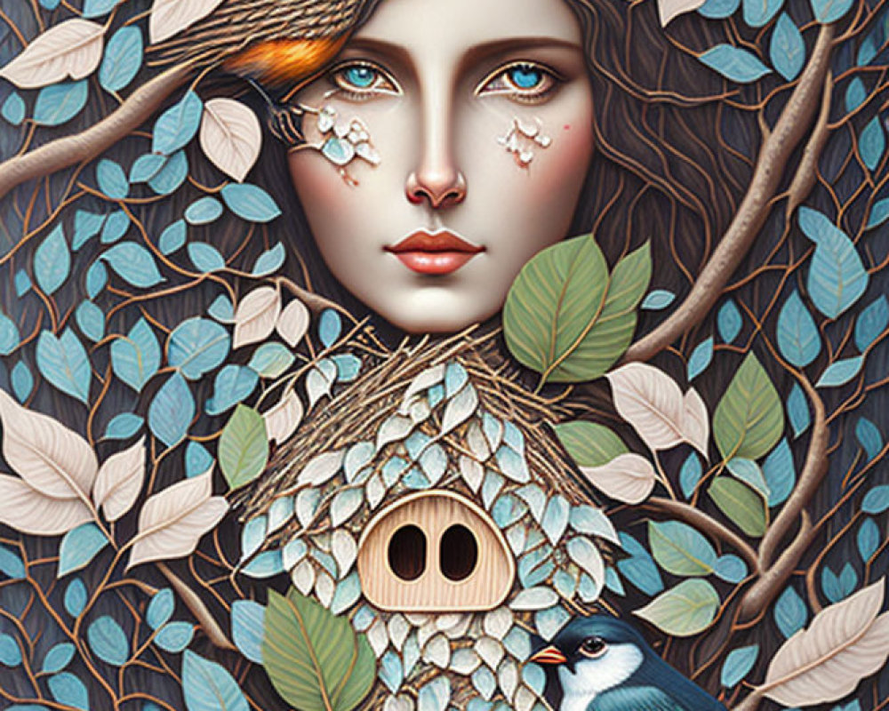 Illustration: Woman's face in tree with birdhouse, birds, and blue leaves