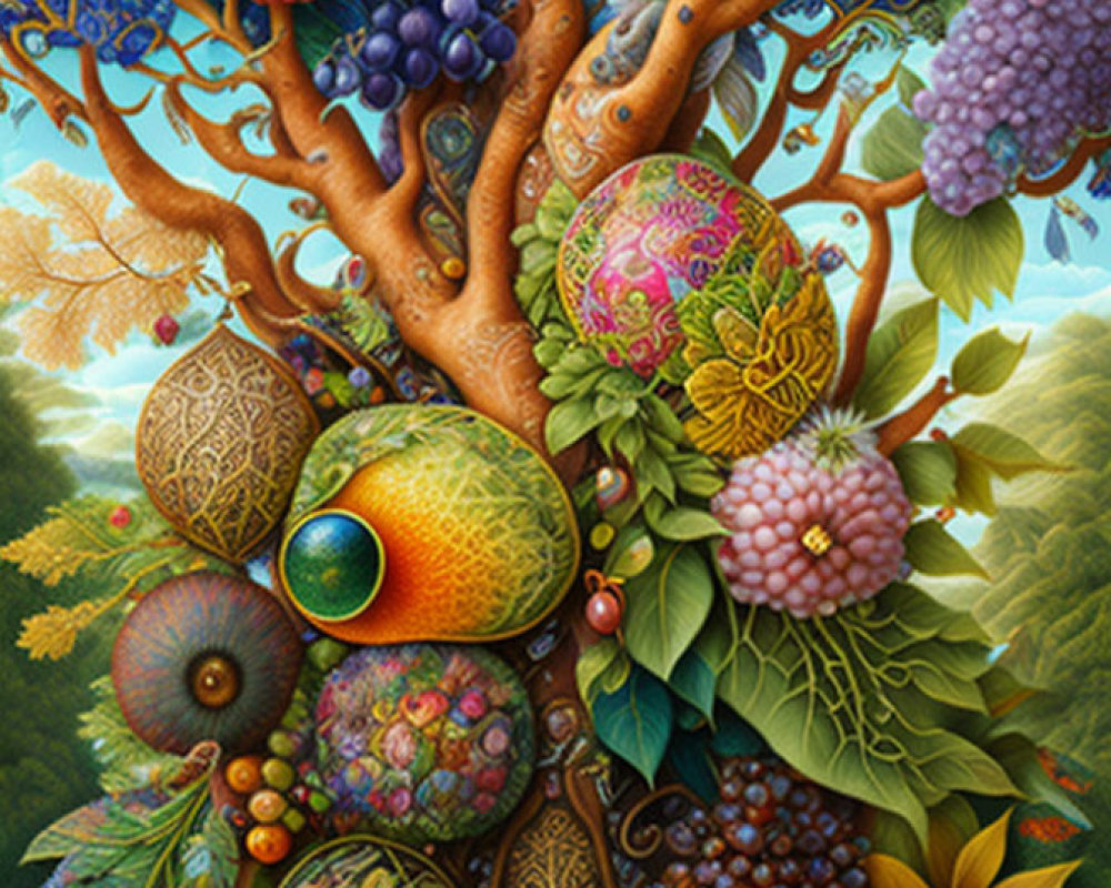 Fantasy-inspired illustration of a tree with hidden face and fruits under blue sky