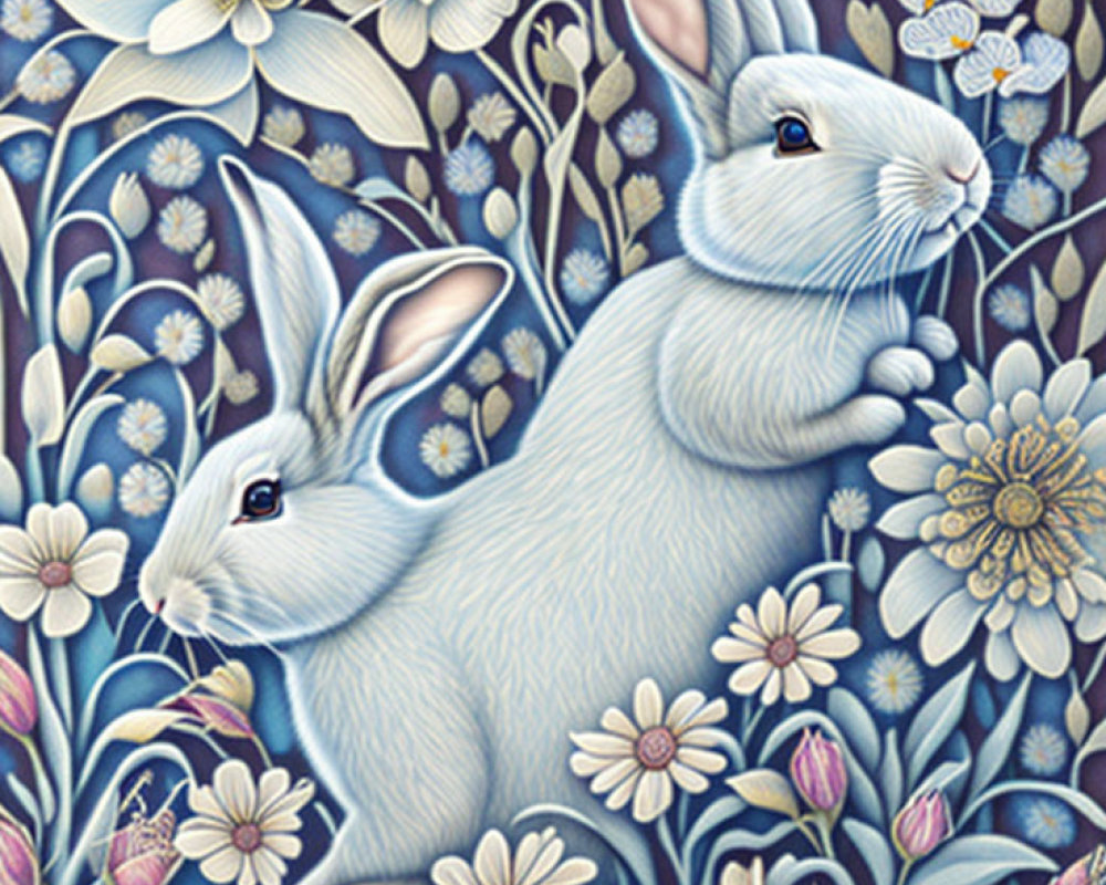 Detailed illustration of two blue rabbits amidst intricate floral pattern in blues, whites, and yellows.