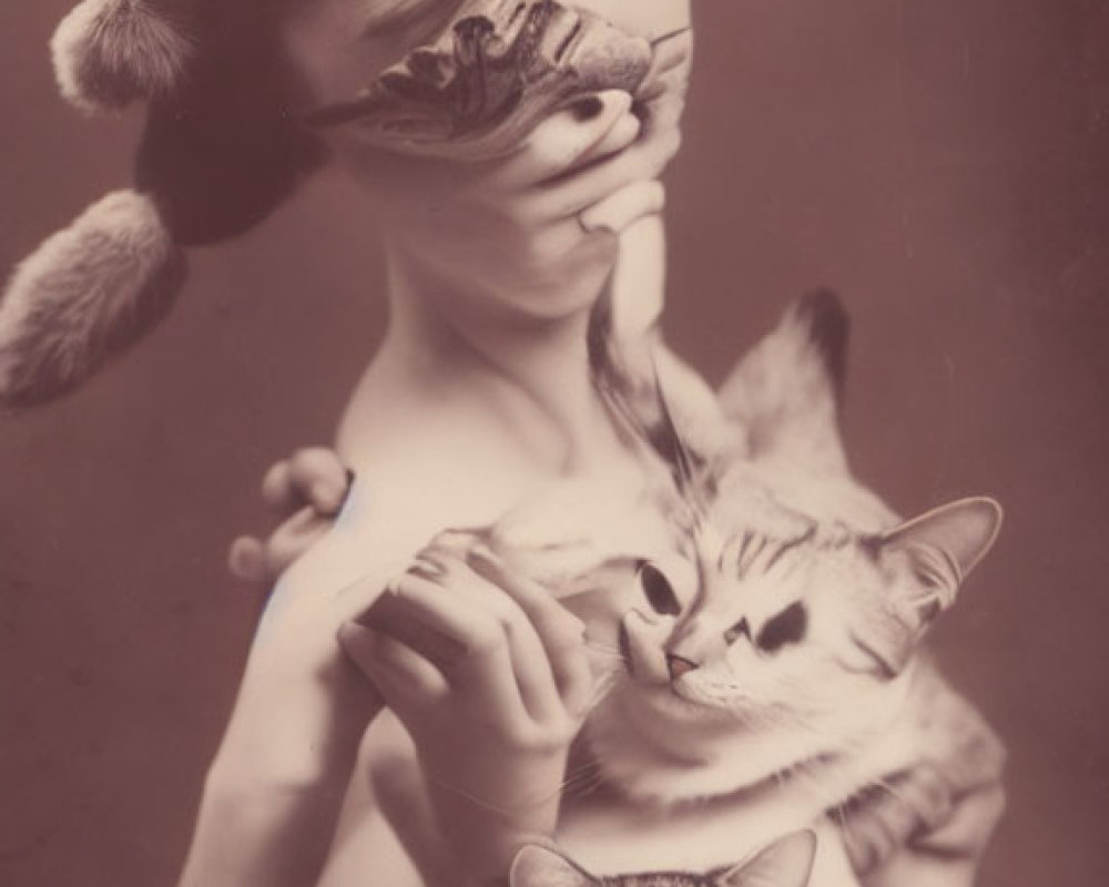 Sepia-Toned Vintage Photo: Smiling Woman with Three Cats