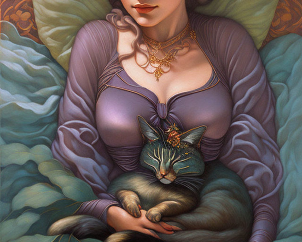 Serene woman with closed eyes holding a cat in purple dress