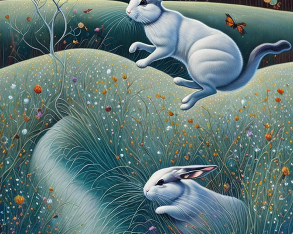 White rabbits with horn-like ears hopping in a flowery meadow under a starry sky