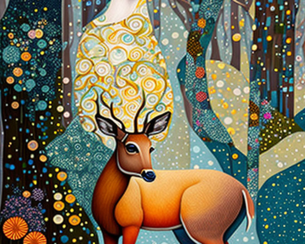 Colorful Stylized Painting of Two Deer in Intricate Forest