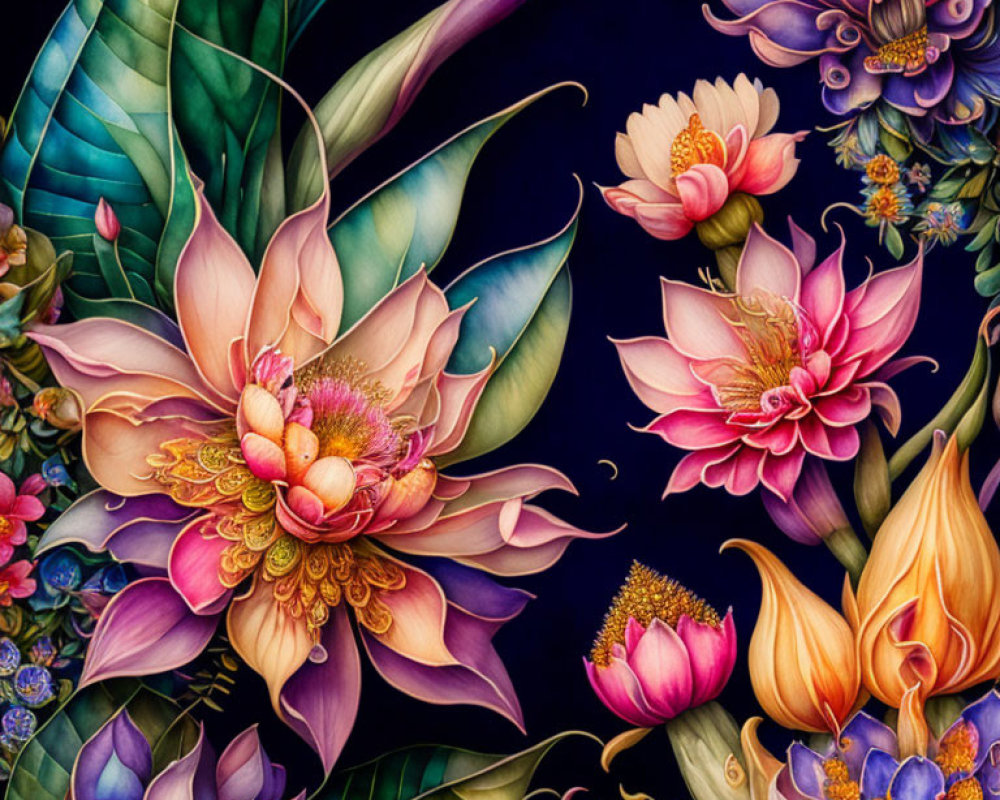 Colorful Flowers and Leaves Illustration on Dark Background