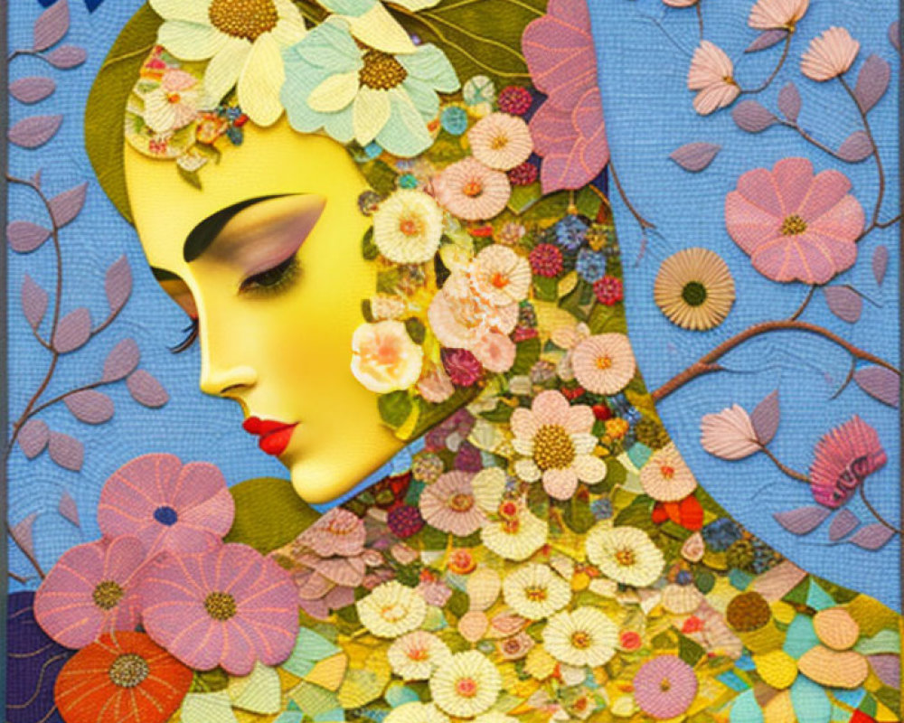 Colorful floral mosaic of woman's profile on blue background