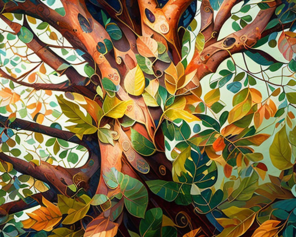 Colorful Tree Painting with Detailed Branches and Leaves