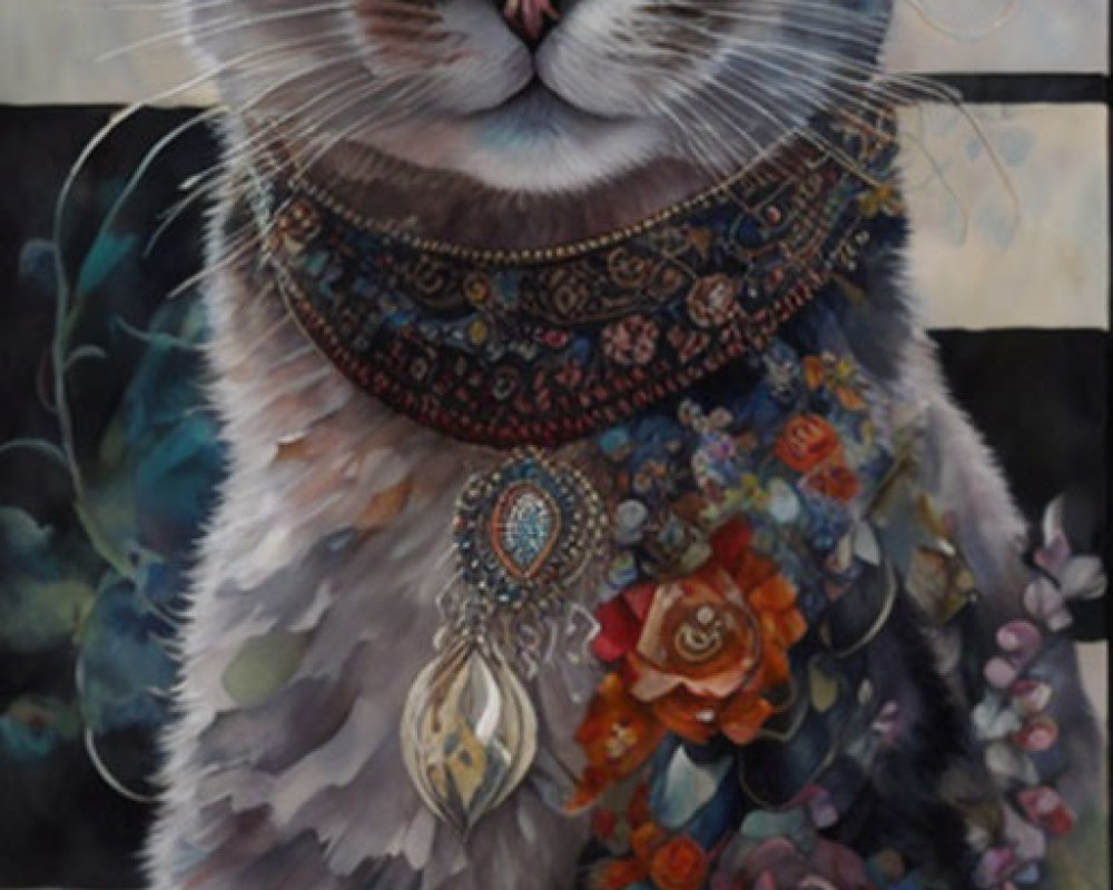 Detailed painting of regal cat with jewel collar & colorful flowers.