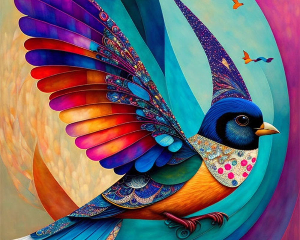 Colorful Bird Painting with Elaborate Patterns on Wings