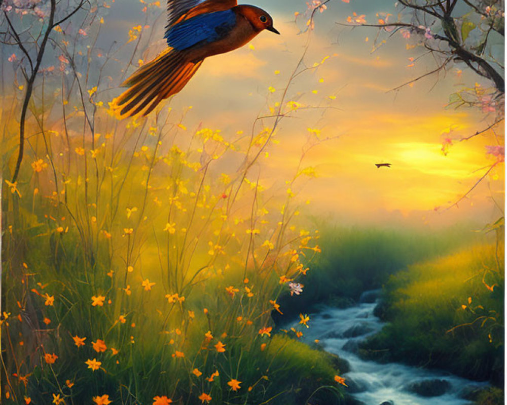 Bird flying over vibrant meadow with blooming flowers, stream, mountains, and sunset sky