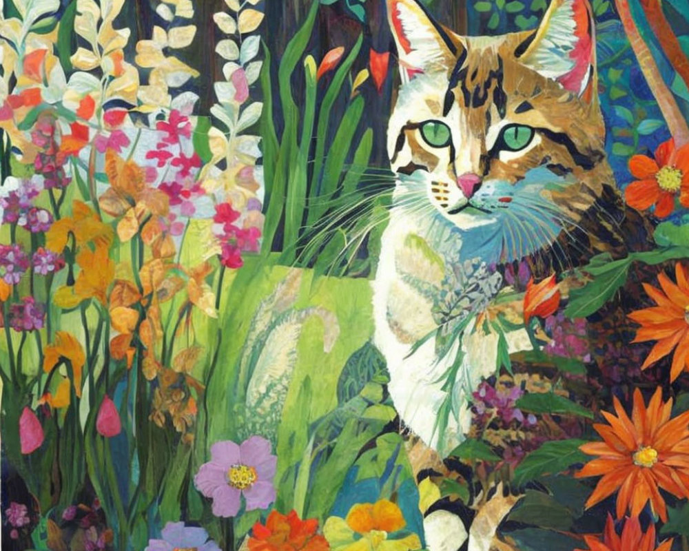 Colorful Cat Painting in Vibrant Garden Setting