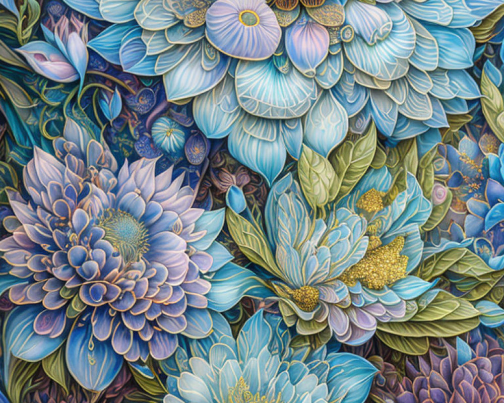 Colorful Floral and Leaf Artwork in Shades of Blue with Gold Accents