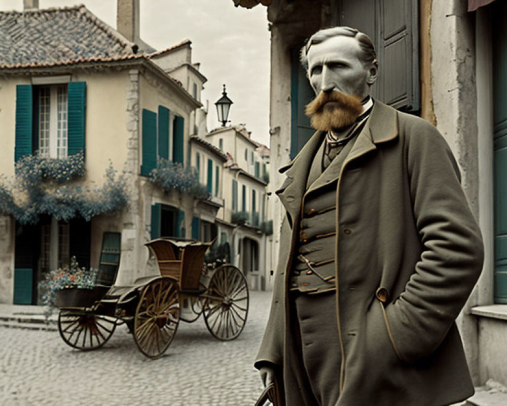 Distinguished mustached man in period clothing on cobblestone street