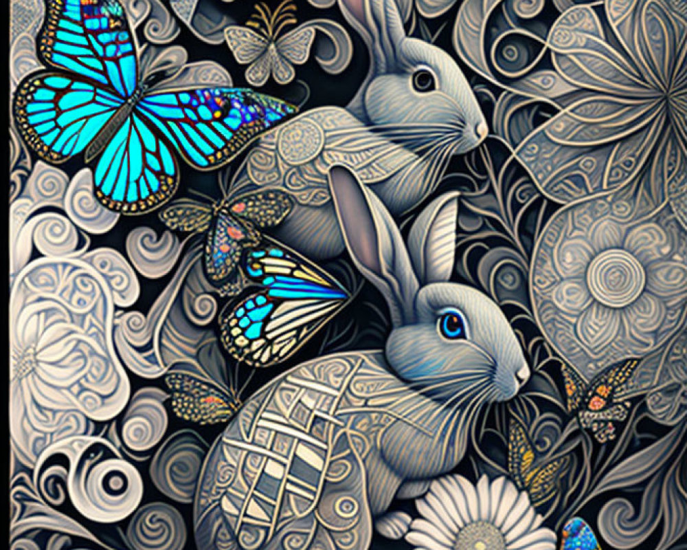 Colorful digital artwork: Blue rabbits, butterflies, and florals in ornate design