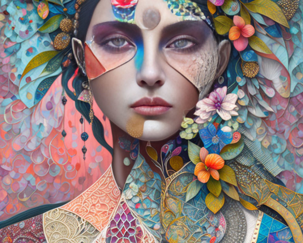 Colorful Floral and Geometric Patterns Surrounding Woman's Face