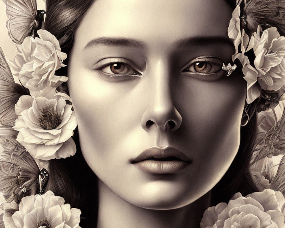 Symmetrical woman portrait with flowers and butterflies in monochrome