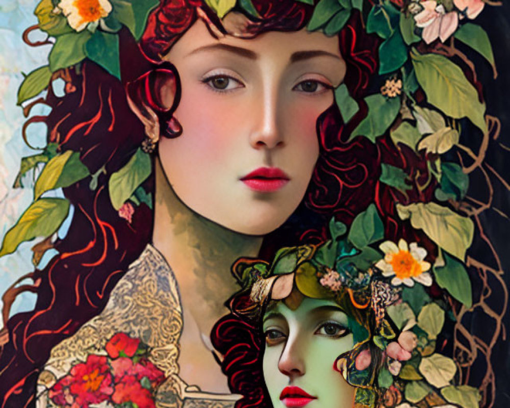 Portrait of a woman with floral crown and mirrored reflection in lush floral setting