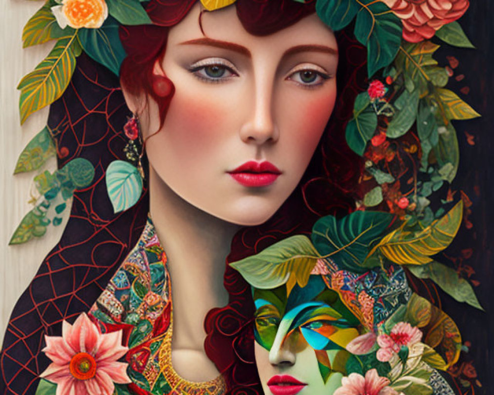 Vibrant floral and geometric mask art featuring two women's faces