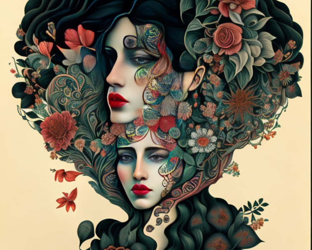 Elaborate Floral Designs Integrated in Woman's Portrait