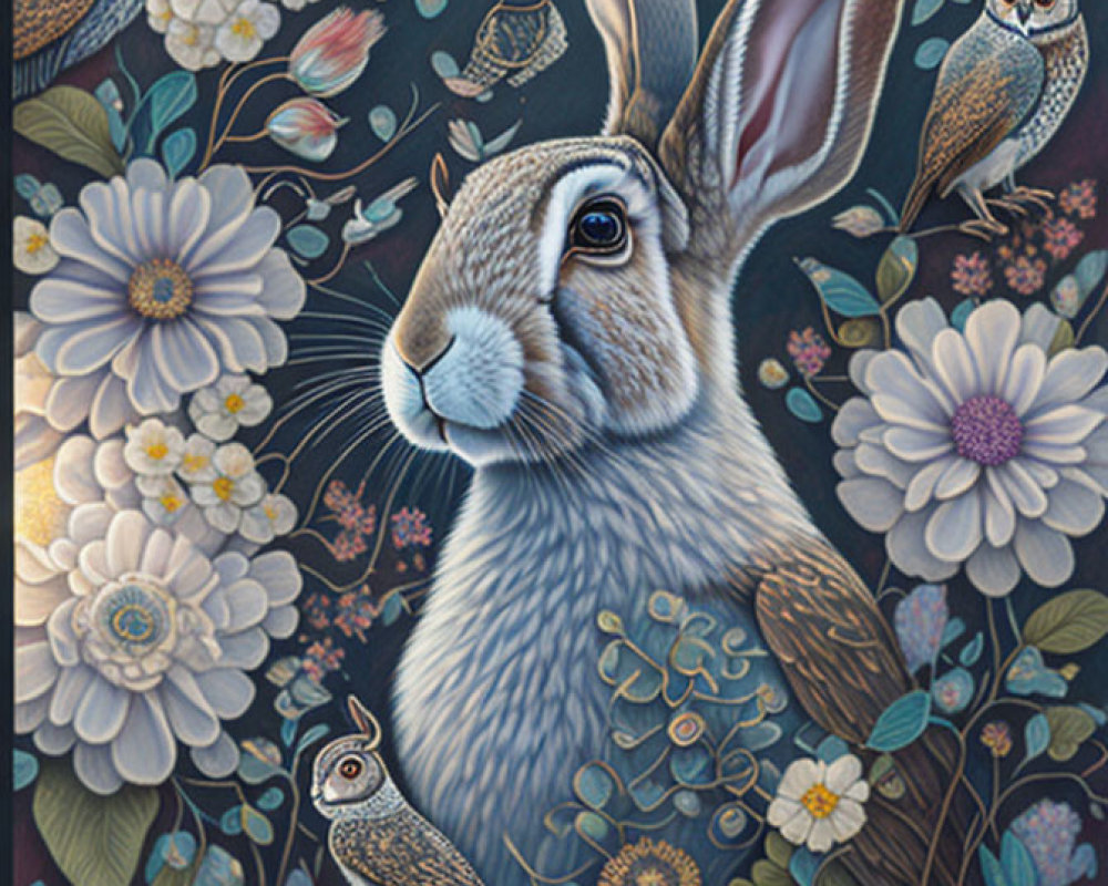 Central Rabbit Surrounded by Flowers, Owls, and Bird in Dark Background