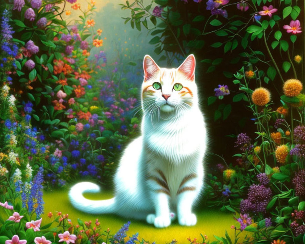 White and Ginger Cat in Colorful Garden with Sunbeam Glow