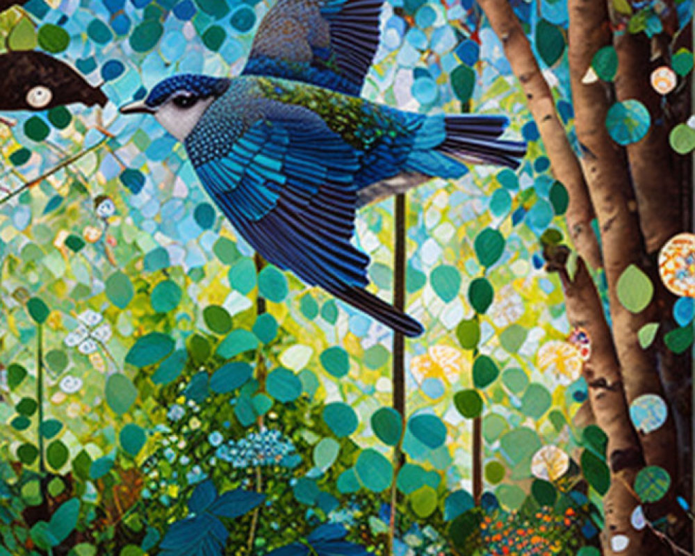 Colorful painting of blue bird flying in vibrant forest with intricate leaf and tree textures