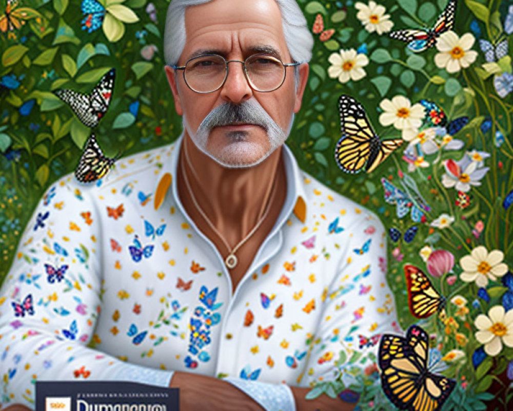 Gray-haired man in butterfly shirt with floral backdrop