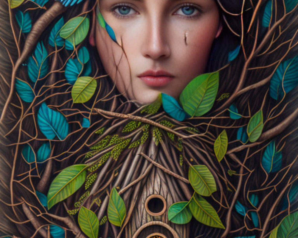 Surreal portrait of woman with blue eyes and nature elements