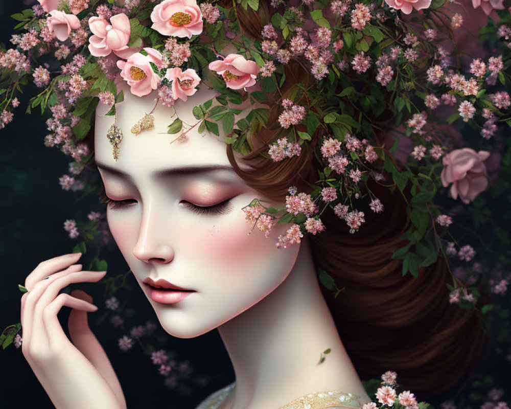 Illustration: Woman with floral headdress and butterflies in serene pink tones