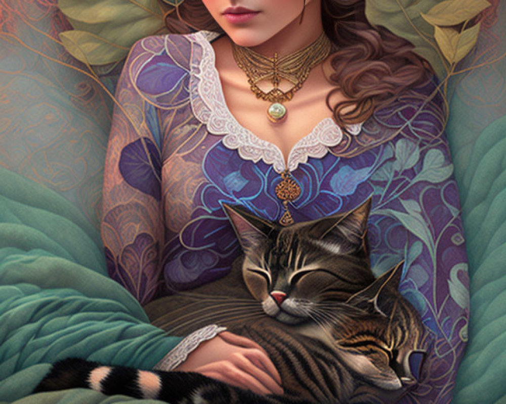 Illustration of woman with closed eyes holding sleeping tabby cat in lush greenery