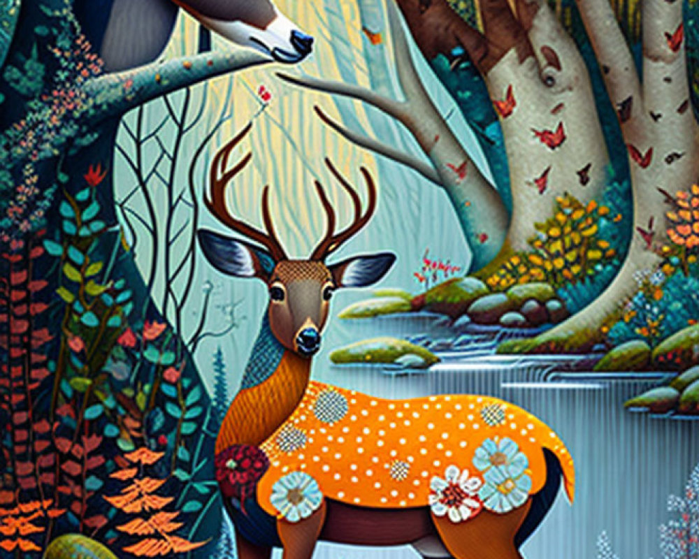 Detailed Illustration of Mystical Forest Scene with Stylized Deer and Butterflies